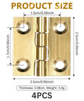 Four Pack Mini Brass Folding Butt Hinges One Inch Retro Style with measurements, gold finish, for cabinets and boxes.