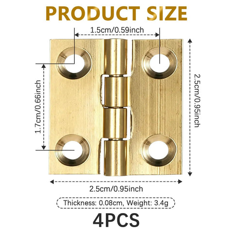 Four Pack Mini Brass Folding Butt Hinges One Inch Retro Style with measurements, gold finish, for cabinets and boxes.