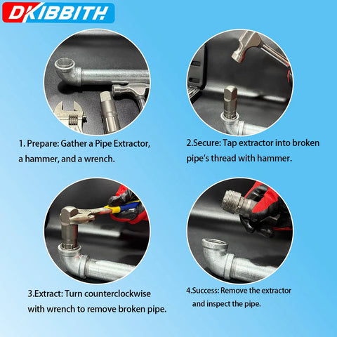 Step-by-step use of Six Piece Heavy Duty Pipe Extractor Set For Removing Damaged Threaded Pipes And Fittings From One Eighth Inch To One Inch Durable Steel Extractors With Storage Case Pro Grade Tools For Plumbers Mechanics And Diy.