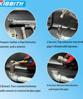 Steps using the Nine Piece Heavy Duty Pipe Extractor Set For Removing Damaged Threaded Pipes And Fittings From One Eighth Inch To One Inch.