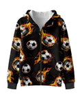 Boys Flame Soccer Print Full Zip Hoodie For Winter Running And Morning Recess Cozy Soft Lined Kids Sweatshirt Jacket Casual Long Sleeve