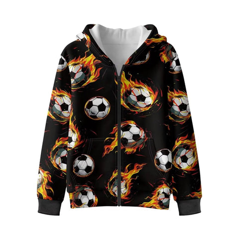 Boys Flame Soccer Print Full Zip Hoodie For Winter Running And Morning Recess Cozy Soft Lined Kids Sweatshirt Jacket Casual Long Sleeve