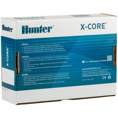 Box packaging for X Core XC400i Indoor Sprinkler Timer Four Zone Irrigation Controller with text descriptions in multiple languages