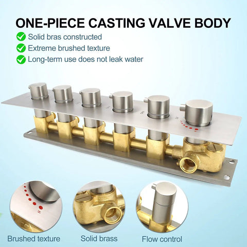Five-Function Thermostatic Shower Valve Kit With Concealed Diverter And Six Round Knobs In Brushed Nickel, Run Multiple Shower Heads At Once, Precise Temperature Control, Full-Body Spa Experience, solid brass valve body