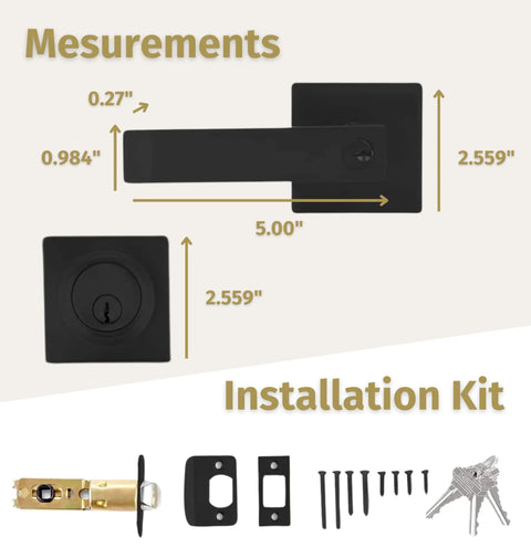 Heavy Duty Entrance Door Levers Set With Entry Lever Handle, Single Cylinder Deadbolt Lock And Keyed Entry Installation Kit