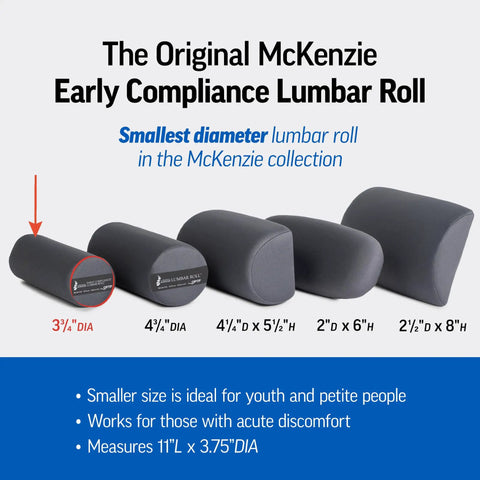 Get The Original McKenzie Early Compliance Lumbar Roll, 3.75" diameter, ergonomic back support pillows displayed side by side.