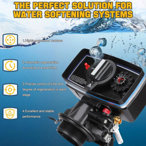 Easy Set No Fuss 12 Day Water Softener Timer Control Valve with 3W Backwash Head and features listed on blue background