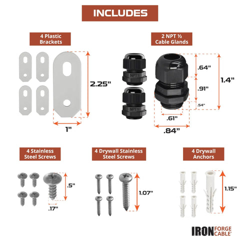 Accessories included with the Extra Large Outdoor Waterproof Junction Box: plastic brackets, NPT cable glands, stainless steel screws, anchors.