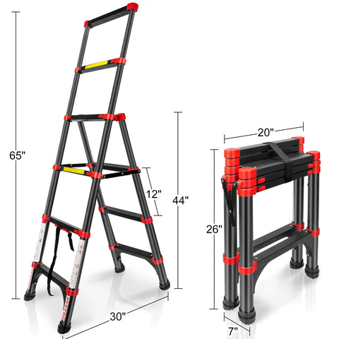 5-Foot Aluminum Telescoping A-Frame Ladder, Grab-And-Go Lightweight Portable Folding Step Ladder For Home, Garage, And Work, Non-Slip Cap