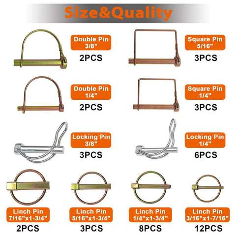 Assorted pins from 380 Pcs Heavy Duty Pin Kit For Trucks Trailers Tractors Mowers And Hitches Includes Square PTO Pins.