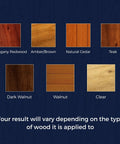 Color swatches of water-based wood stain: Mahogany Redwood, Amber/Brown, Natural Cedar, Teak, Dark Walnut, Walnut, Clear.