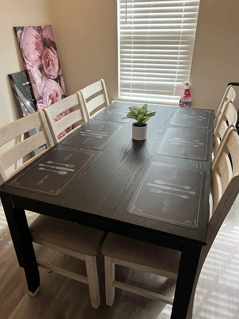 Dining table with Peel And Stick Black Wood Wallpaper Self Adhesive Contact Paper For Surfaces Easy To Clean Durable.