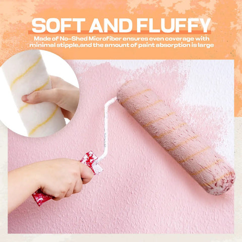 Top Tier 48 Pieces 18 Inches Paint Roller Covers Crafted With Plush Microfiber For A No Sweat Home Wall Project Heavy Duty Fast Drying Yellow 3 8 Nap Roll Cover Kit, showing hand holding a roller with microfiber cover.