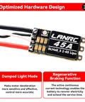 Close-up of a 45A Brushless ESC with BLHeliS for 2S-6S LiPo, featuring damped light mode and regenerative braking function.