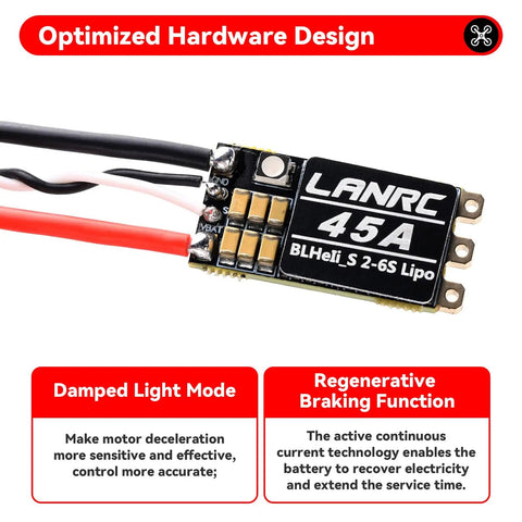 Close-up of a 45A Brushless ESC with BLHeliS for 2S-6S LiPo, featuring damped light mode and regenerative braking function.