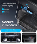 Under Screen Center Console Organizer For Model Y 2019 Through 2026 Including Juniper 2025 2026 Standard Premium And Performance Concealed Center Console Organizer Tray Quick Easy Stable Installation showing secure installation with twist-lock mechanism.