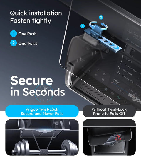 Under Screen Center Console Organizer For Model Y 2019 Through 2026 Including Juniper 2025 2026 Standard Premium And Performance Concealed Center Console Organizer Tray Quick Easy Stable Installation showing secure installation with twist-lock mechanism.