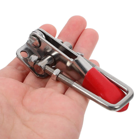 Hand holding Beefy Adjustable Toggle Latch Clamp Heavy Duty Stainless Steel Pull Latch for Boxes and Cases Easy Installation Strong Grip