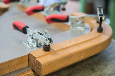 Pro Grade Horizontal Acting Toggle Clamp With Horizontal Base Size 2 Silver And Red Ergonomic Oil Resistant Handle With Large Grip For Quick Solid Clamping And Durable Stainless Hardware on wood fixture