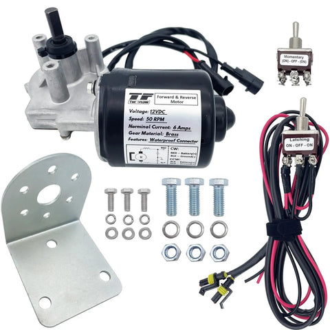 Three Eighths Inch D Shaft 12V DC Reversible Gear Motor Heavy Duty With Fifty RPM Includes Toggle Switch Wire Kits L Bracket Forward And Reverse Motor Replaces PN01007 38