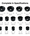 GMTOOLS 19-piece hole saw kit with sizes from 3/4-inch to 5-inch (19–127 mm), black metal hole saw blades arranged in rows.
