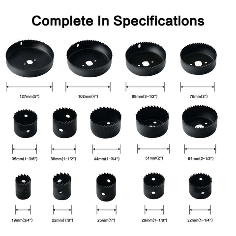 GMTOOLS 19-piece hole saw kit with sizes from 3/4-inch to 5-inch (19–127 mm), black metal hole saw blades arranged in rows.