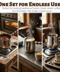 Two Size Turkish Coffee Pot And Milk Warmer Set In 13.5 Oz And 20 Oz, 18 By 8 Stainless Steel With Wooden Handle, displayed on stove