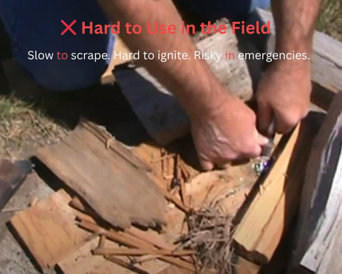 Man using Emergency Fire Starter Kit With Pre Shaved Magnesium, 3.15 Inch Ferro Rod, And 4 Inch Waxed Rope In Waterproof Tin outdoors.