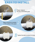 White plastic water pipe repair clamp for 50 mm OD pipes, 2 in size, installed on a PVC line with bolts.