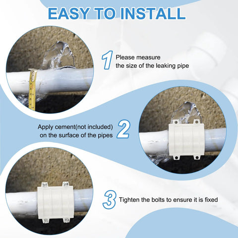 White plastic water pipe repair clamp for 50 mm OD pipes, 2 in size, installed on a PVC line with bolts.