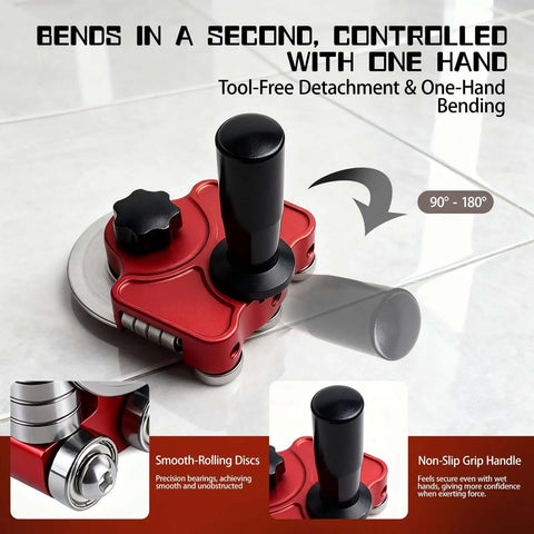 Sheet Metal Bender Hand Held Bending Tool with removable center disc, showing close-up of handle and smooth-rolling discs.