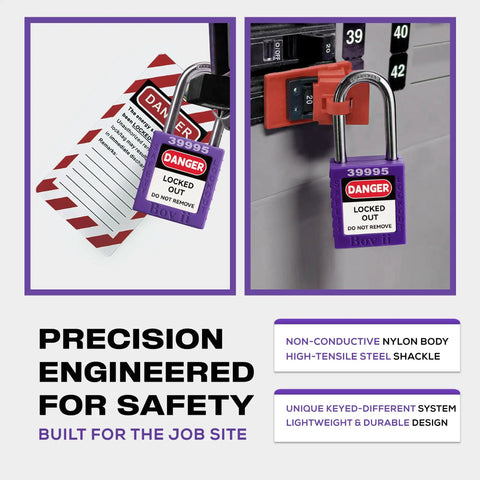 Lockout Tagout Locks Set With Two Purple Keyed Different Safety Padlocks Heavy Duty OSHA Compliant Brass Cylinders Two Keys Per Lock Four Total Keys For Industrial Safety Programs Workhorse Lock Bodies.