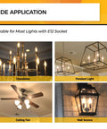 Wide application of 25W Dimmable Candelabra LED Bulbs 90 Plus CRI 200 Lumen Soft Warm White 2700K E12 B10 in chandeliers and fixtures.