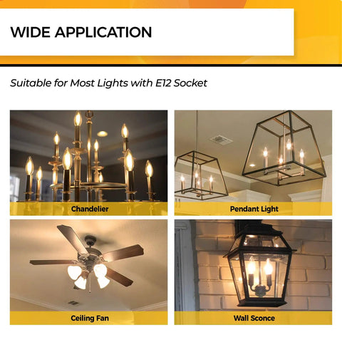 Wide application of 25W Dimmable Candelabra LED Bulbs 90 Plus CRI 200 Lumen Soft Warm White 2700K E12 B10 in chandeliers and fixtures.