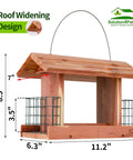 US Cedar Outdoor Bird Feeder With Hanging Design Handcrafted Wood Double Suet Cage Clear View Windows Squirrel Proof Wild Bird Feeder For Cardinals Finches Chickadees, front view showing dimensions