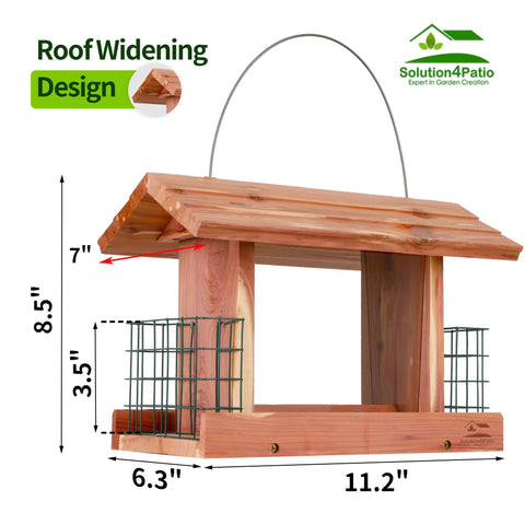 US Cedar Outdoor Bird Feeder With Hanging Design Handcrafted Wood Double Suet Cage Clear View Windows Squirrel Proof Wild Bird Feeder For Cardinals Finches Chickadees, front view showing dimensions