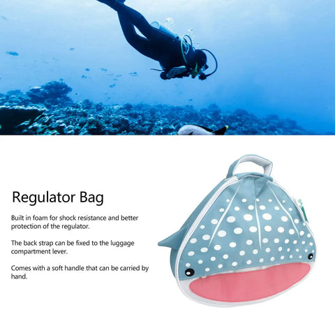 Blue whale shark design bag with beefy capacity, protective foam padding, two way zipper, easy carry marine style for dive gear.