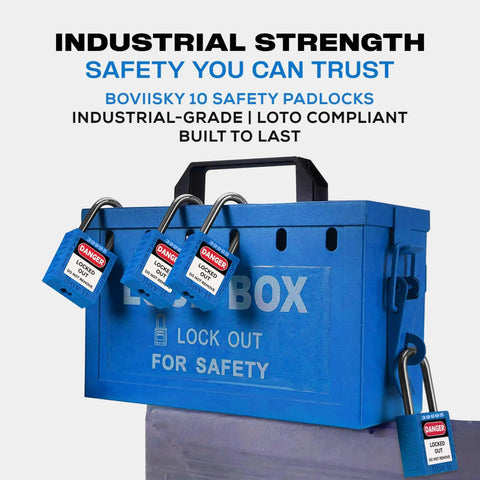 Lockout Tagout Locks Set With 10 Blue Padlocks Keyed Alike One Key Per Lock OSHA Compliant blue padlock box