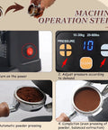 Automatic Coffee Tamper With Auto Position Sensor For Flawless Espresso Pucks Featuring Adjustable Pressure From 22 To 66 Pounds Plus Fast Depth Tweaks For Seriously Smooth Shots And Pro Results Daily operation steps on display.