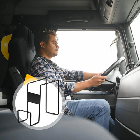 Driver with Two Pack Steel Hard Hat Rack For Trucks Over The Seat, Black Coated Back Mount visible behind in truck cabin