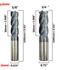 Front view of two carbide square-end mills, 4-flute, AlTiN-coated; 5/8" and 3/4" cutting diameters with matching shanks.