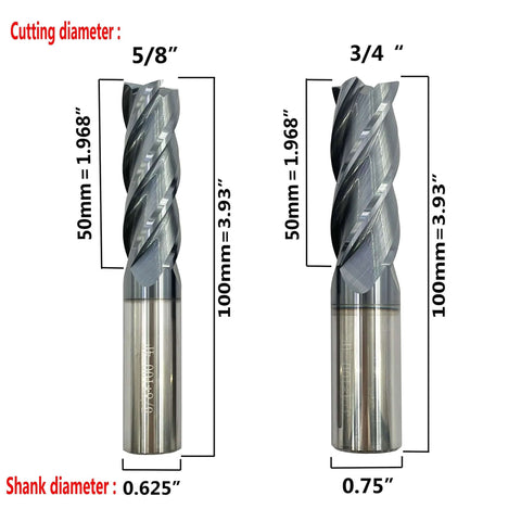 Front view of two carbide square-end mills, 4-flute, AlTiN-coated; 5/8" and 3/4" cutting diameters with matching shanks.