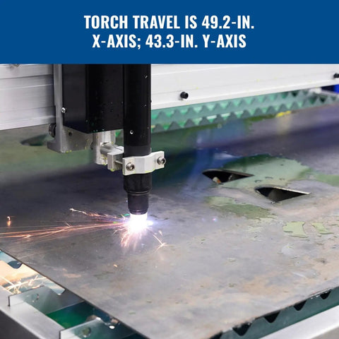 Close-up of Versa Cut 4x4 CNC Plasma Table With 40A Plasma Cutter cutting metal sheet, showcasing precise torch control.