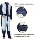 Heavy Duty Leather Blast Suit For Spray Painting And Sandblasting, Protective Denim And Leather Overalls With Reinforced Chest Elbow And Thigh Panels, Built Tough Blue Safety Workwear