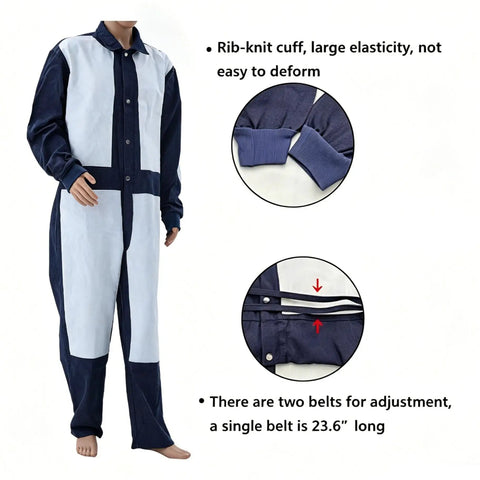 Heavy Duty Leather Blast Suit For Spray Painting And Sandblasting, Protective Denim And Leather Overalls With Reinforced Chest Elbow And Thigh Panels, Built Tough Blue Safety Workwear