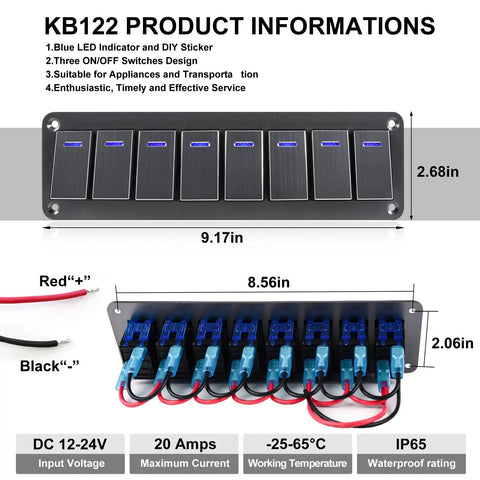 Front view of Beefy 8 Gang Waterproof Aluminum Switch Panel showing dimensions, 12V 24V rocker switches, and blue LED indicators.