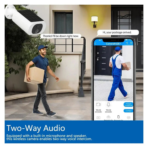 5MP 4G Solar Outdoor Security Camera Featuring Sharp Human Detection And Always On Deck Color Night Vision For Dependable All Day Remote Monitoring Plus Instant Alerts Straight To Your Phone monitoring a delivery man.
