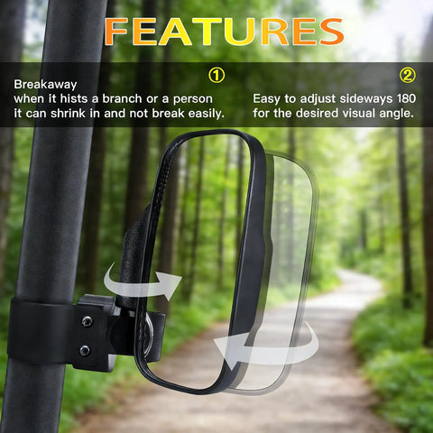 Dope Wide Angle Rear View Mirror Pair With Breakaway Adjustable Clamp Mount For Off Road Side By Side, shown on trail