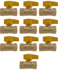 13-pack of brass 1/2 in IPS gas ball valves with yellow handles, 1/4-turn CSA approved.