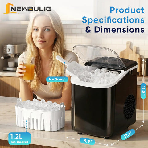 Portable Countertop Ice Maker With Handle Serving Up Fresh Bullet Ice In Under Ten Minutes Delivering Twenty Six Pounds Daily, ice basket and scoop shown.